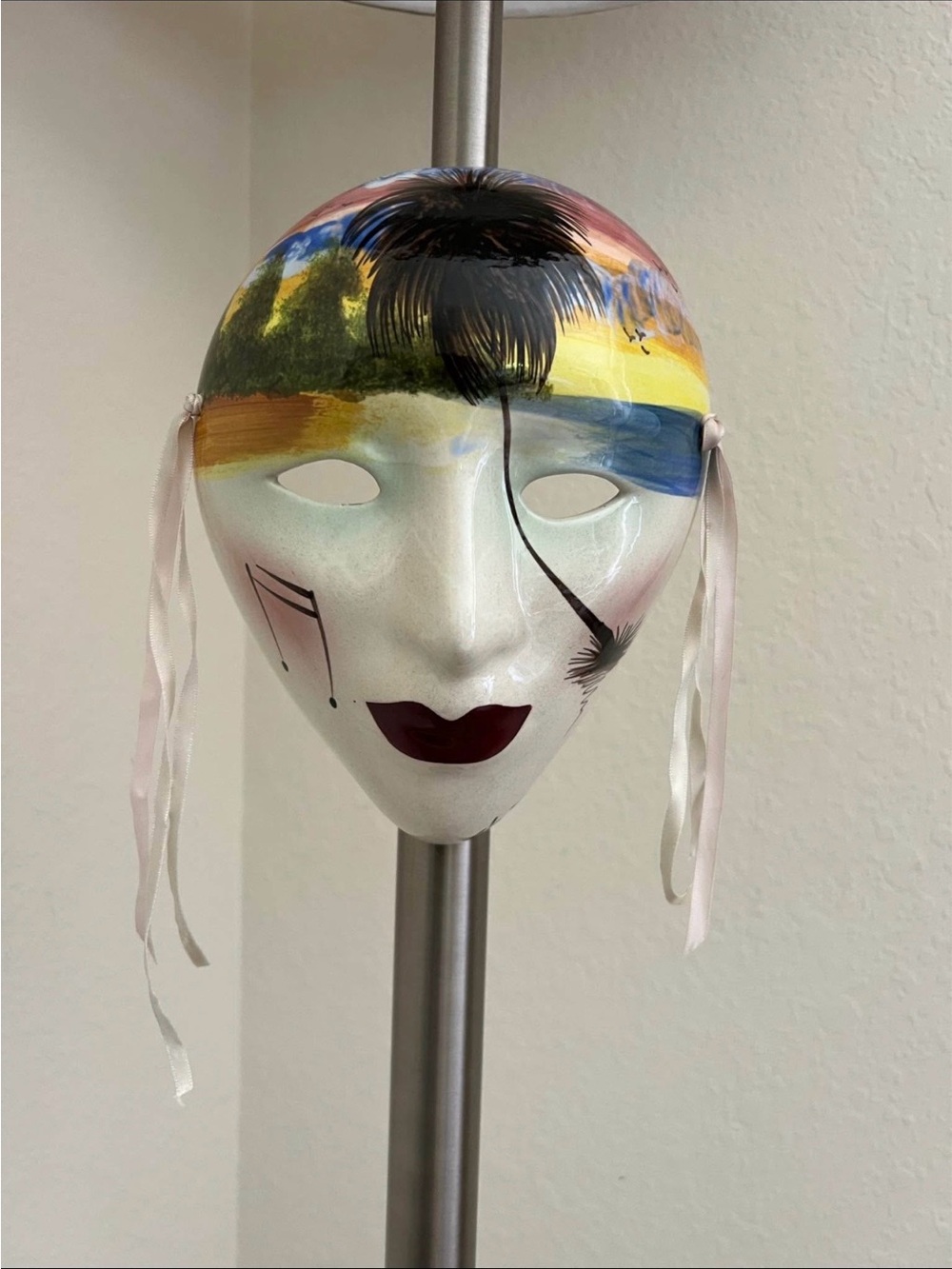 Hand-Painted White Decorative Venetian Style Wall Mask with Colorful Landscape